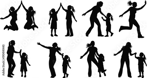 Happy mother and child silhouette set showing jumping playing and dancing poses isolated on white background family lifestyle vector illustration
