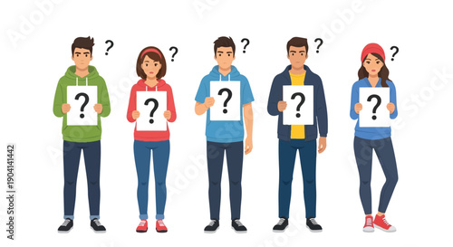A group of diverse individuals holding question marks, symbolizing uncertainty, confusion, and seeking answers in a collaborative setting