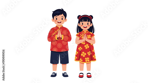 Boy and girl wearing traditional red Chinese outfits with floral patterns while standing together and smiling on a white background.