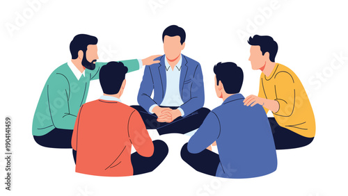 Group of men sitting in a circle for a support meeting or therapy session with one man placing a hand on anothers shoulder.