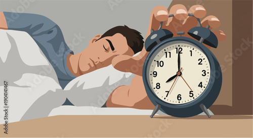A man in a peaceful deep sleep is disturbed by his alarm clock ringing loudly, prompting him to reach out and silence it to start his day