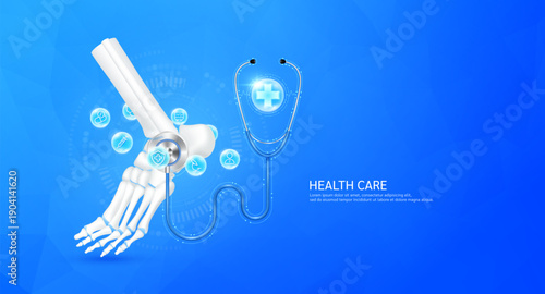 Plus sign inside stethoscope on ankle joint model. Surrounded by medical icons. Health care check up bone concept. 3D Vector EPS10.