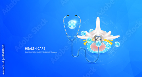 Plus sign inside stethoscope on spinal nerve model. Surrounded by medical icons. Health care check up bone concept. 3D Vector EPS10.