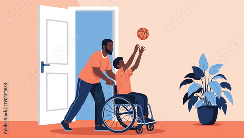 Caring father helping his young son in a wheelchair play basketball by holding the chair while the boy shoots the ball.