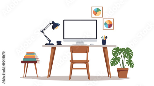 Organized home office desk with a large computer monitor, desk lamp, notebooks, coffee cup, and a potted plant nearby.