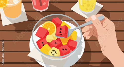 A hand gently spoons a vibrant, refreshing fruit salad, brimming with juicy watermelon, zesty orange, and kiwi, perfect for a healthy and enjoyable summer meal outdoors