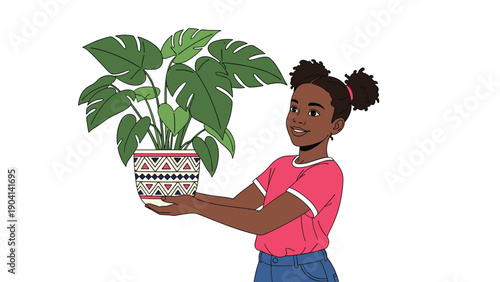Smiling young girl with pigtails holding a large green potted plant with beautiful leaves against a white background.