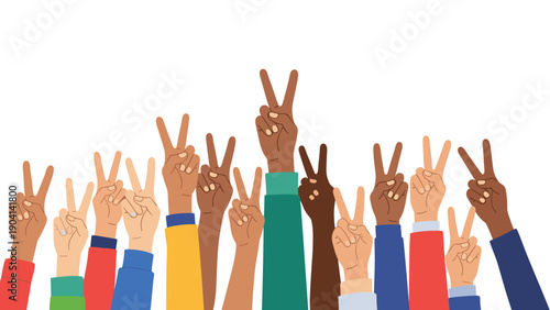 Diverse group of hands in various skin tones raised upwards while making peace signs against a plain white background.
