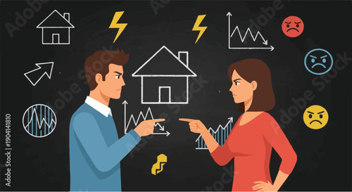 Couple arguing about financial stress and housing market downturn, depicting relationship conflict