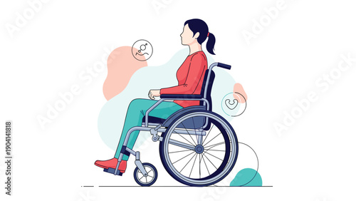 Profile view of a young woman sitting in a modern wheelchair against a background of abstract shapes and icons.