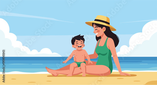Happy mother and son enjoying a sunny day at the beach, creating joyful family memories by the ocean