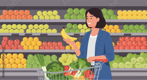 Woman choosing fresh bananas from a supermarket produce aisle, surrounded by fruits and vegetables