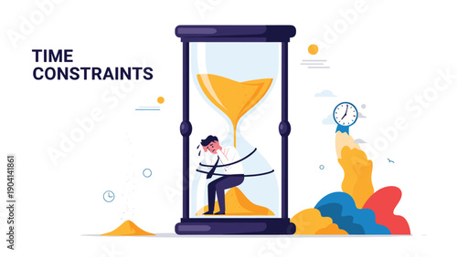 Stressed businessman trapped inside a giant hourglass while sand falls on him representing extreme time constraints and deadlines.