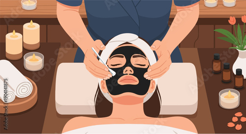 Person receiving a facial treatment with a charcoal mask in a spa setting, promoting relaxation and skincare