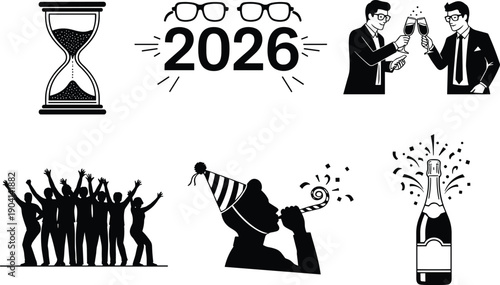 New year 2026 celebration silhouette icon set, with party people champagne countdown time and festive holiday symbols isolated background design