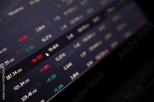 Close-Up of Digital Stock Market Ticker Board Display with Prices and Volumes.