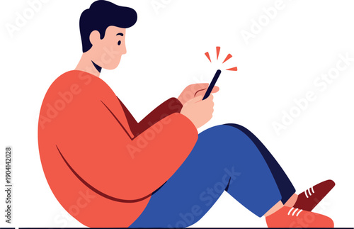 Man Sitting With Phone Flat Design Illustration Isolated Object Coral Blue