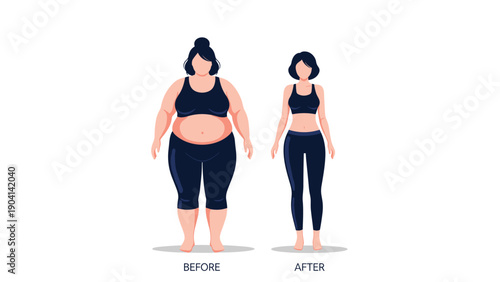 Female character shown in a before and after comparison of weight loss transformation representing health, fitness, and body positive change.
