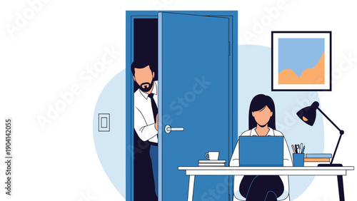 Male manager peeking through an open blue door while a female employee works on her laptop at a desk in a modern corporate office setting.