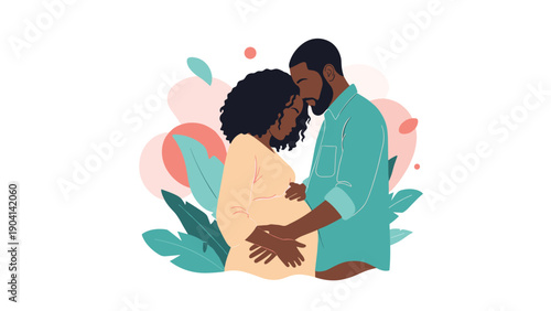 Loving African American couple embracing while touching the pregnant belly surrounded by soft abstract leaves and shapes in pastel colors.