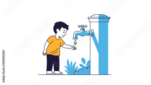 Young boy standing at a blue water tap and reaching out his hand to catch a drop of water illustrating hygiene and resource conservation.