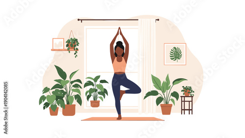 Young woman practicing yoga tree pose on a mat in a bright room filled with indoor plants representing wellness, balance, and home exercise.