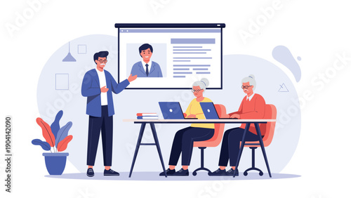 Senior man and woman learning how to use laptops in a computer class with an instructor presenting digital literacy topics on a white screen.