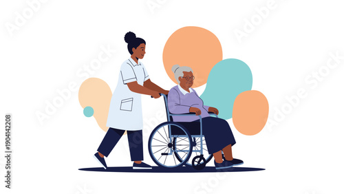 Caring female nurse in a white uniform pushing a senior woman sitting in a wheelchair against a soft colorful abstract pastel background.