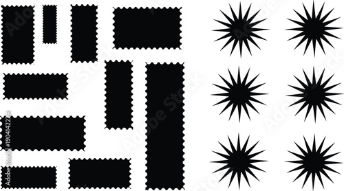 Postage stamp frames and starburst shapes set, black perforated borders and comic bursts for labels, stickers and graphic design projects