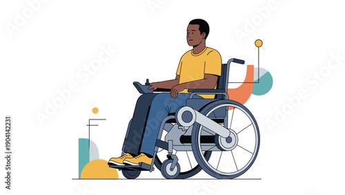 African American man in a modern electric wheelchair sits against a backdrop of abstract geometric shapes and colors.