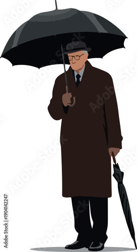 Man With Umbrella On Rainy Day Minimalist Flat Design Vector