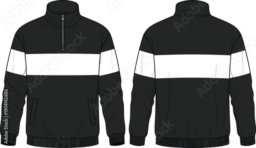 Black and white pullover jacket vector illustration, front and back view apparel design, half zip fashion garment template, stripe detail clothing mockup drawing