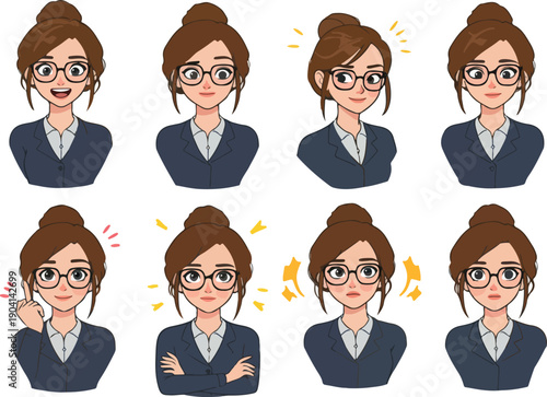 Pixel Art Business Woman Expressions Set Dark Blue Suit Glasses Hair Bun