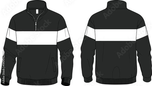 Black pullover jacket vector illustration, front and back view apparel design, half zip fashion garment template, two tone stripe clothing mockup drawing