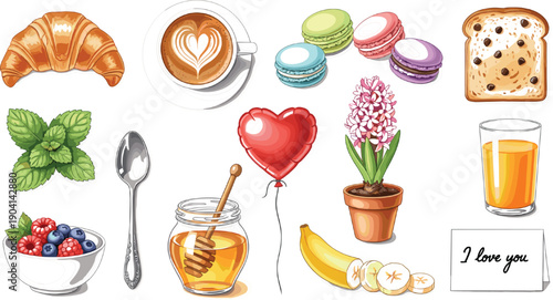 Breakfast and lifestyle illustration set featuring croissant coffee latte macarons honey jar berries and heart balloon on grey background