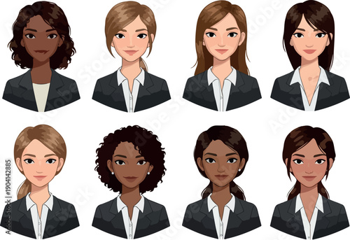 Pixel Art Business Women Avatar Set Diverse Skin Tones Gray Suit