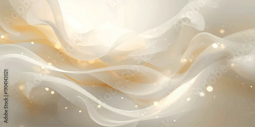 An abstract fractal background features golden silk waves and white satin curves with a soft pink light pattern flowing like smooth blue smoke over a vector textile material