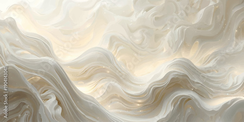 Smooth white silk fabric creates an abstract background of flowing satin waves and liquid cream swirls with a shiny texture and elegant gold curves