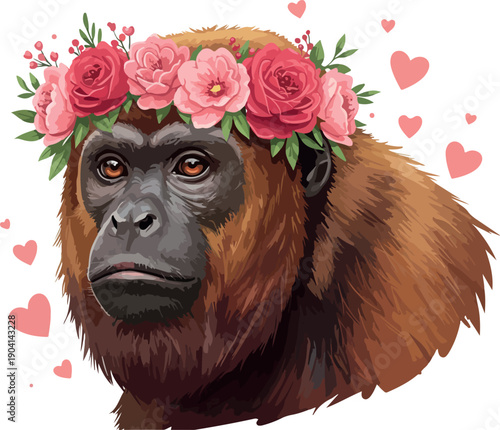 Monkey With Pink Flower Crown and Hearts Pixel Art Style