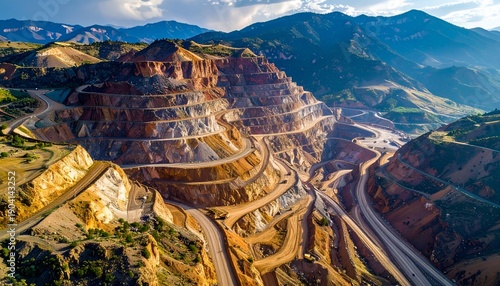 Open pit mine cascading down a mountainside with winding roads and arid terrain