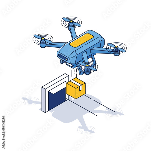Isometric illustration of a blue drone delivering a yellow package to a smart locker, representing modern logistics and automated delivery services.