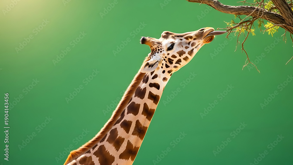 Obraz premium Giraffe eating leaves from a tree branch in a green environment.