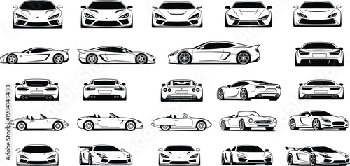 Sports car icon set, black silhouette, front view, side view, rear angle, convertible, spoiler, fast vehicle, automotive design, illustration