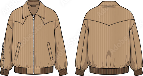 Men’s fashion technical vector illustration of bomber jacket front and back view, zip closure, pointed collar, welt pockets, ribbed cuffs, ribbed waistband, yoke detail