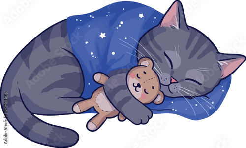 Pixel Art Cat Sleeping With Teddy Bear Under Starry Blanket