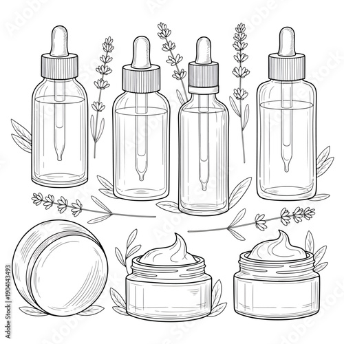 Line art illustration of natural cosmetic products including dropper bottles and cream jars with lavender sprigs and leaves, emphasizing organic skincare.