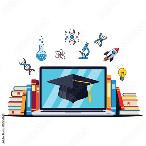 Online education concept with laptop, graduation cap, books, and science symbols representing e-learning and knowledge acquisition.