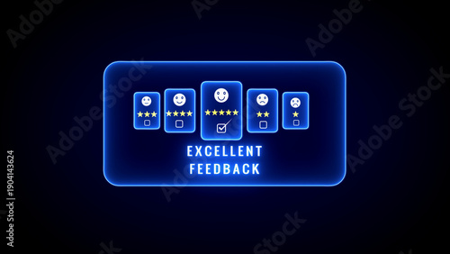 A digital interface presents five user feedback cards with varying star ratings and emoji expressions, indicating feedback, bathed in blue neon light against a black backdrop