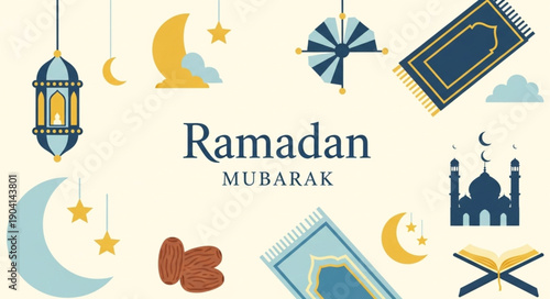 Ramadan Mubarak Islamic Holiday Celebration Elements.