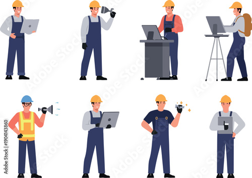 Pixel Art Construction Workers Holding Tools and Laptops Minimalist Flat Design
